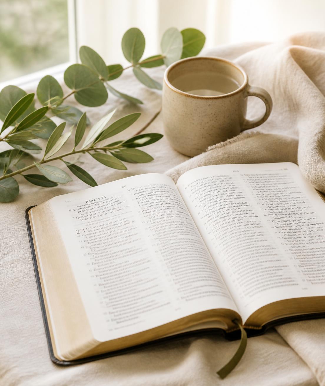Open Bible in soft morning light beside a ceramic mug and olive branches